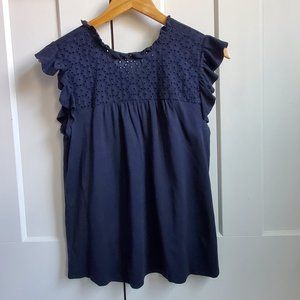 Ann Taylor Loft Navy Ruffle Sleeve Shirt with Eyelets